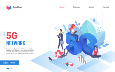 People with gadgets using extreme high speed 5g internet connection vector illustration website landing page concept. 5th generation network wireless technology, big data, fast web iot apps traffic
