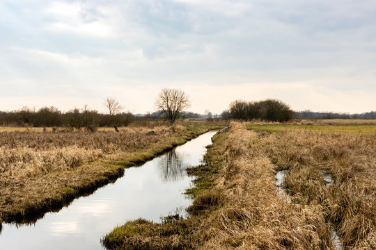 Canal Ditch With Water Landscape View At Drained Wetland. Natura 2000 Bagno Pulwy Protected Area In Poland.