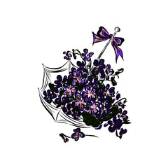 Flower composition. Umbrella with bouquet of lilacs inside