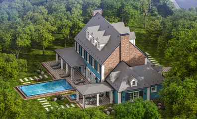 3d rendering of modern cozy classic house in colonial style with garage and pool for sale or rent with beautiful landscaping on background. Clear sunny summer day with blue sky.