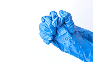 Hands in blue rubber gloves on a white background. Side view