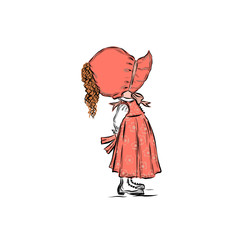 Little girl in pink bonnet and dress. Beautiful kid. Cartoon illustration.