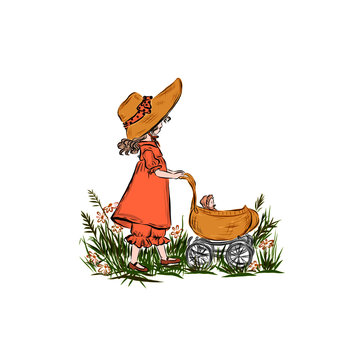 girl pushing doll carriage orange dress