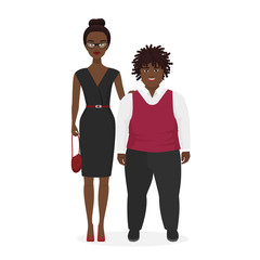 Cute african american pair, fat man and slim stylish woman flat character vector illustration. Unequal marriage, strange couple.