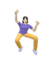 Fototapeta na wymiar 3D rendering character of an Asian girl jumping and dancing holding his hands up. Happy cartoon people, student, businessman. Positive illustration is isolated on a white background.