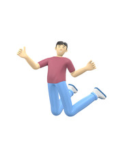3D rendering character of an Asian guy jumping and dancing holding his hands up. Happy cartoon people, student, businessman. Positive illustration is isolated on a white background.
