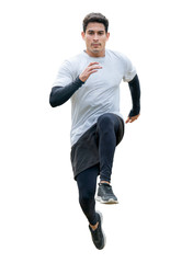 young fitness man in sportwear running isolated on white background with clipping path. exercise runner , jumping guy , workout ,sport ,training. front view