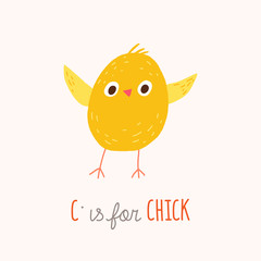 Cute yellow chicken. ABC Kids Wall Art. Alphabet Card. Nursery alphabet poster. Playroom decor. C is for Chick. Vector clipart eps 10 hand drawn illustration isolated on white background.