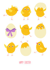 Funny Easter cards set. Cute chicks and eggs. Cartoon hand drawn10 illustration isolated on dark background in a flat style.