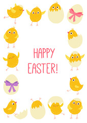 Funny Easter cards set. Cute chicks and eggs. Cartoon hand drawn10 illustration isolated on dark background in a flat style.