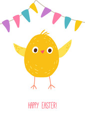 Funny chicken. Cute chick. Easter postcard. Cartoon hand drawn10 illustration isolated on dark background in a flat style.