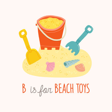 Cute beach toys. Shovel, buscket, rake and shells. Vector cartoon clipart eps 10 hand drawn illustration isolated on white background.