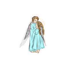 Boy and girl with wings are hugging, children angels. Decor for Christmas, Easter and other religious holidays.
