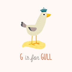 Cute seagull. G is for gull. ABC Kids Wall Art. Alphabet Card. Nursery alphabet poster. Playroom decor. Cartoon hand drawn 10 illustration isolated on white background in a flat style.