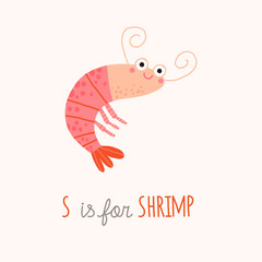 Cute shrimp cartoon smiling. Cartoon clipart10 hand drawn illustration isolated on white background.
