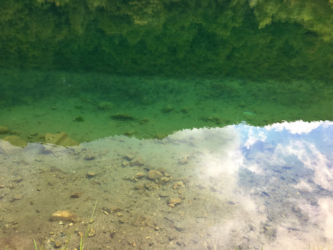 Green lake water with stones and reflection