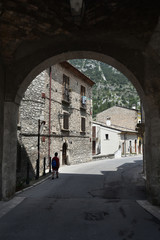 Pacentro, Italy. A narrow street between the old houses of a medieval village