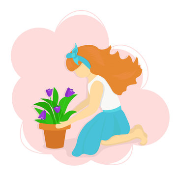 Young woman taking care of red tulips in flower pot. Female character enjoying her hobby. Concept spring gardening work. Illustration in flat style. 