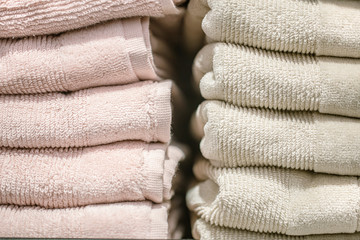 Counter in the store with a stack of towels.