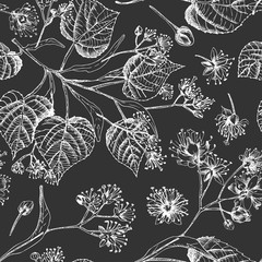 Linden blossom hand drawn seamless pattern with flower, lives and branch in yellow and green colors on chalkboard background. Retro vintage graphic design Botanical sketch drawing,