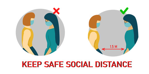  two people in medical masks against each other. Concept the need to keep safe social distance during coronavirus pandemic. Illustartion in flat style. 