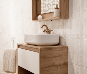 Cozy interior of the bathroom with a beautiful sink.