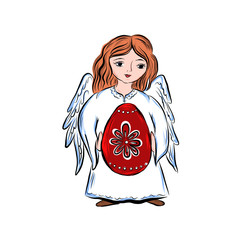 Happy Easter, angel girl holds egg. Religion hand drawn vector illustration. 