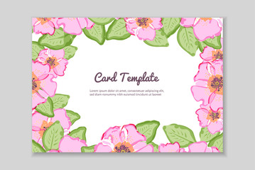 Decorated greeting Card template with floral motif, dogrose flowers decoration. Vector illustration