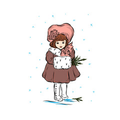 Girl froze. Child in a vintage style of clothing - a fur coat, hat, clutch. 