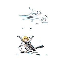 Obraz premium little angel child with wings stroking a bird, biblical symbol, religious sign for decor for Christmas, Easter. Winter snow-covered village