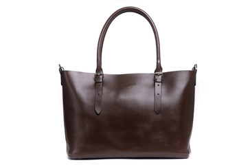 brown leather female bag on a handle on a white background