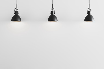 Three black pendant light on white wall background, ceiling lights, white wall with pendant lights mockup, 3d rendering - obrazy, fototapety, plakaty