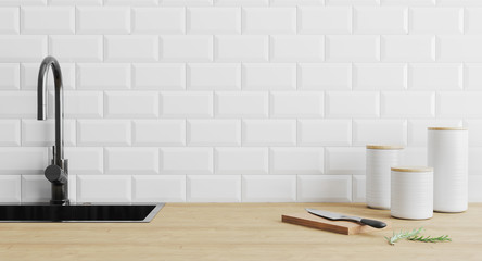  kitchen utensils gadgets near black sink on wooden surface and white tiled wall, kitchenware in kitchen concept, , knife on cutting board, modern home kitchen concept, 3d render