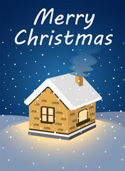Obraz na płótnie Canvas A cozy house and snow falling at night. Merry Christmas illustration.