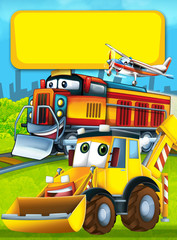Cartoon funny looking train on the train station near the city and excavator digger car driving and plane flying - illustration