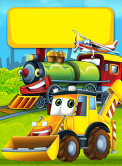 Cartoon funny looking train on the train station near the city and excavator digger car driving and plane flying - illustration