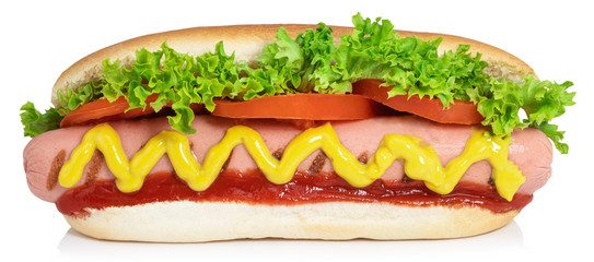 Hot dog with mustard isolated on white background. Сlipping path