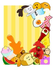 Hand draw cute breakfast set doodle as a frame with white border and strip yellow line to be inside background. Applicable for background, cover, advertise, menu, wallpaper, decorate