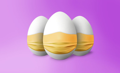 White easter eggs with mask on purple backgroung