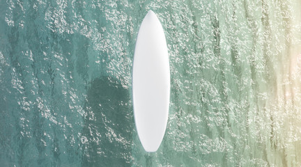 Blank white surfboard on water surface mockup, top view