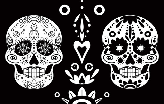 Mexican sugar skull. A white skull with a floral pattern. Design for the Mexican holiday Day of the dead and Halloween. Vector illustration illustration isolated on a black background.