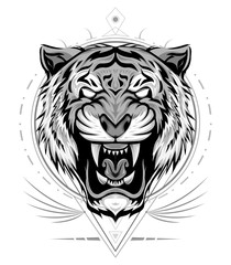 Tiger logo. Black white illustration of a tiger head. Portrait of a predator. Tattoo wild cats.