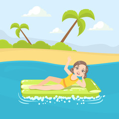 Obraz na płótnie Canvas Girl Floating on Air Mattress in the Sea or Ocean at Summer Vacations Vector Illustration Vector illustration