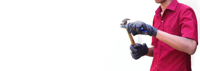 Cropped image of mechanics working in auto service. hand holding cutter with hammer, isolated in white background