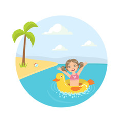 Girl Floating on Inflatable Yellow Duck in the Sea or Ocean at Summer Vacations Vector Illustration Vector illustration