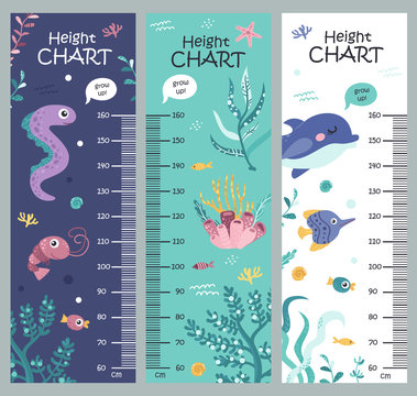 Kids height chart with seaweed and sea animals.