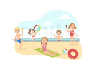 Happy Boys and Girls Swimming amd Having Fun on the Beach at Summertime Vector Illustration