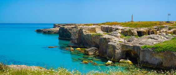 Holiday in Apulia. The important archaeological site and tourist resort of Roca Vecchia, in Puglia,...