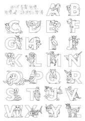Zoo animal alphabet. Letters from A to Z. Cartoon cute animals isolated on white background. Different animals ABC. For children school education and foreign language study. Coloring book and page.