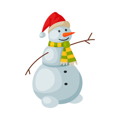 Cute Snowman, Christmas and New Year Symbol, Traditional Holiday Decoration Vector Illustration